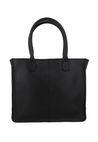 Borsa tote in pelle nera con due manici, forma rettangolare, superficie liscia e cuciture visibili sui pannelli frontali.