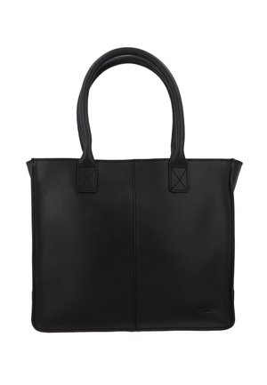 Černá kožená taška přes rameno s dvěma uchy, obdélníkový tvar, hladká textura a viditelné švy na předních panelech.