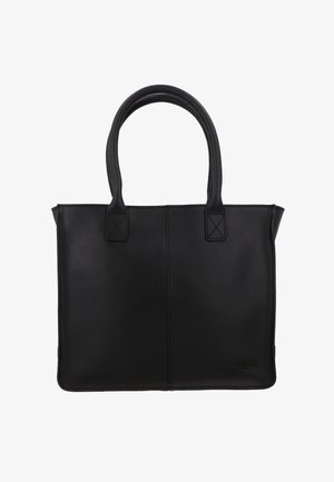 Černá kožená taška přes rameno s dvěma uchy, obdélníkový tvar, hladká textura a viditelné švy na předních panelech.