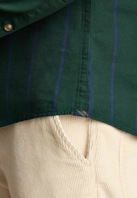 Grünes Hemd mit blauen vertikalen Streifen, in cremefarbenen Cordhosen mit sichtbarem Seitentaschen- und Nähdetails gesteckt.