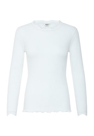 Bela dolgorekavna rebrasta majica z čipkastim okrasjem na okrolem izrezu, manšetah in spodnjem robu, s prilagojeno silhueto.