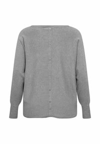 Grauer Pullover aus strukturiertem Material, mit langen Ärmeln und einem Knopfverschluss, der über den Rücken verläuft. Rundhalsausschnitt und entspannte Passform.