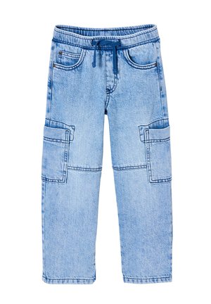 Hellblaue Denim-Cargohose mit elastischem Bund, marineblauem Kordelzug, Fronttaschen und großen seitlichen aufgesetzten Taschen.