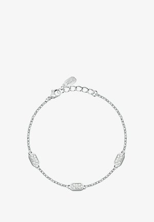 Sølvarmbånd med et delikat kædedesign og tre rektangulære accenter, hver sat med klare, funklende krystaller.