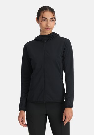 Zwarte hooded jack van lichtgewicht stof, met een volledige rits en lange mouwen, een gladde textuur en een getailleerd ontwerp.