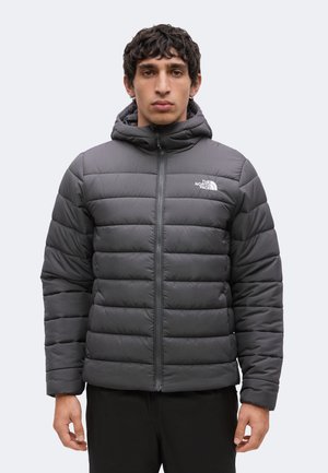 Jonge man draagt een donkergrijze gewatteerde jas met rits en capuchon en het The North Face-logo op de borst, staand tegen een effen achtergrond.