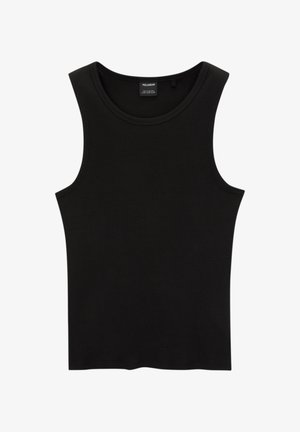 Black ribbed tank top with a round neckline and wide armholes, made from a soft, stretchable fabric. Label: Pull&Bear.