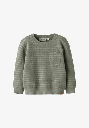 Green textured sweater with a round neck, long sleeves, and a chest pocket. Features a subtle ribbed pattern and a small logo tag at the hem.