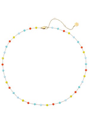 Zarte goldene Halskette mit kleinen runden Perlen in Blau, Rot und Gelb, mit Karabinerverschluss und verstellbarer Kette mit Blumenanhänger.
