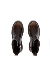 Brązowe skórzane botki za kostkę o gładkim wykończeniu, okrągłym nosku, bocznym zamku błyskawicznym i uchwycie; gumowa podeszwa z teksturowanym wzorem bieżnika.