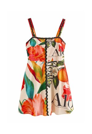 Rankovių vasarinė suknelė su spalvingu tropinių gėlių ir vaisių raštu, juoda bangelėmis apdailinta krašte, su tekstu „Alo“ ir „Maui Nui Botanical Gardens“.