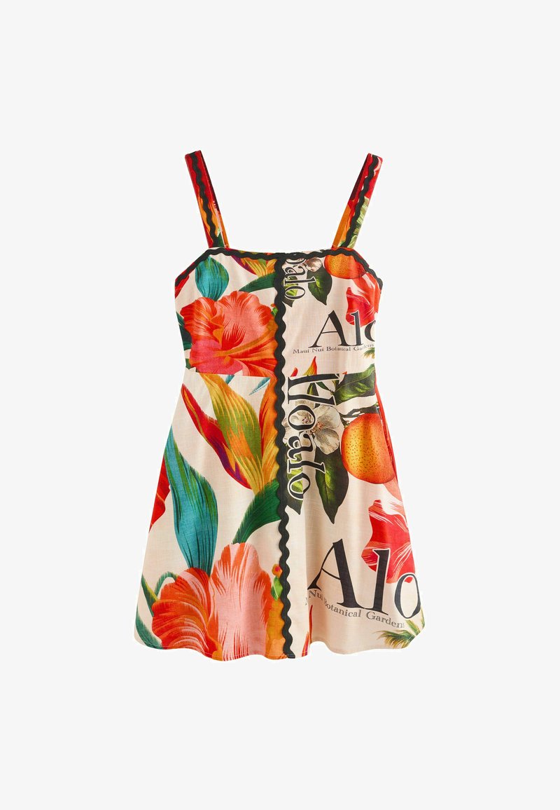 Robe d'été sans manches avec imprimé tropical multicolore de fleurs et de fruits, bordure noire festonnée, et texte indiquant "Alo" et "Maui Nui Botanical Gardens".