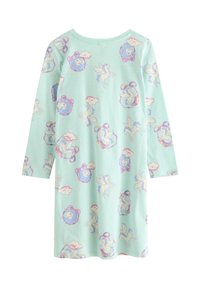 Langärmliges Nachthemd in Mintgrün mit pastellfarbenen Einhorn- und Wolkenmustern, aus weichem Baumwollstoff gefertigt, mit rundem Halsausschnitt.