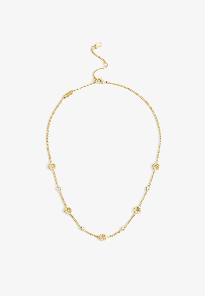 Collier chaîne en or avec de petites breloques en forme de fleurs et des pierres précieuses rondes claires espacées uniformément le long de la chaîne, fermeture à mousqueton.