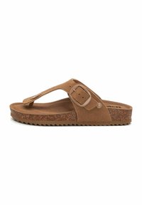 Sandalia de flip-flop de ante marrón con suela de corcho texturizada, correa ajustable con hebilla y diseño de tira. Forro interior suave para mayor comodidad.