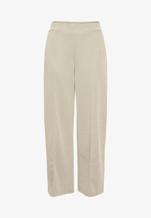 Jasno beżowe spodnie typu wide-leg z miękkiej, teksturowanej tkaniny, z elastycznym pasem i subtelnymi szwami z przodu.