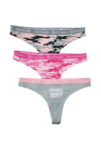 Set aus drei Strings: grau, rosa Tarnmuster und ein Hellrosa mit "PRIVATE JUICY"-Aufdruck. Jeder hat einen elastischen Bund mit Markenlogo. Weicher Stoff.