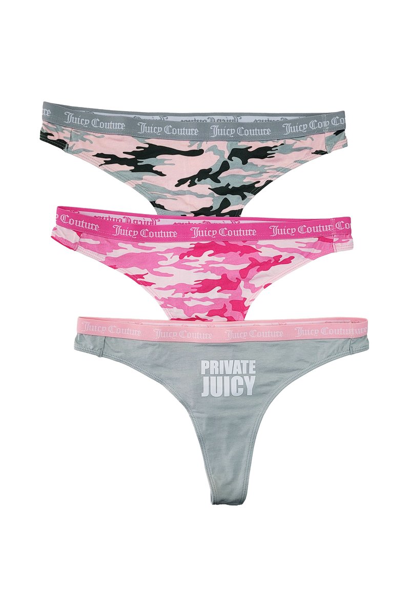 Set aus drei Strings: grau, rosa Tarnmuster und ein Hellrosa mit "PRIVATE JUICY"-Aufdruck. Jeder hat einen elastischen Bund mit Markenlogo. Weicher Stoff.