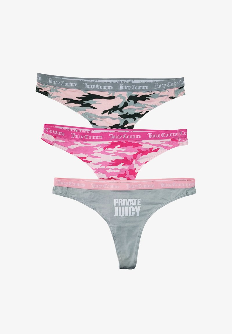 Set van drie tanga's: grijs, roze camouflage en lichtroze met de opdruk "PRIVATE JUICY". Elke heeft een elastische tailleband met merklogo. Zachte stof.