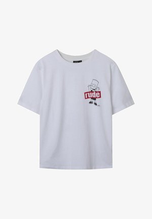Camiseta blanca de algodón de manga corta, con un gráfico de un personaje de dibujos animados y la palabra "rudo" en rojo en la parte frontal.