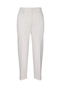 Maßgeschneiderte cremefarbene Hose mit geradem Schnitt, flacher Vorderseite, Gürtelschlaufen und zwei seitlichen Taschen. Glattes Gewebe mit minimalem Glanz.