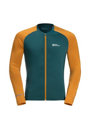 Maillot de cyclisme à manches longues pour hommes avec un corps teal et des manches orange. Comprend une fermeture éclair à l'avant et des accents réfléchissants pour la visibilité.