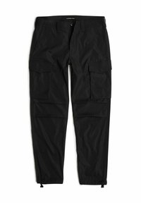 Zwarte cargo shorts van lichtgewicht stof, met meerdere zijzakken, een elastische tailleband en taps toelopende boorden.