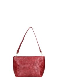 Rote Kunstleder-Handtasche mit Krokodilstruktur, länglich-rechteckiger Form, einem Trageriemen, goldfarbener Hardware und glatter Oberfläche.