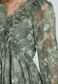 Vestido verde semitransparente con bordado floral, escote con volantes y tela texturizada que presenta una silueta fluida. Delicados acentos plateados.