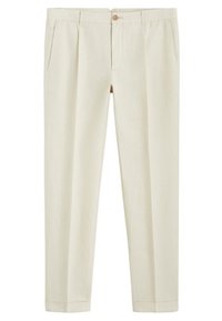 Beige linnen broeken met voorplooien, een knoopsluiting en zijzakken. Tapered leg ontwerp met een omgeslagen zoom. Soepele textuur.