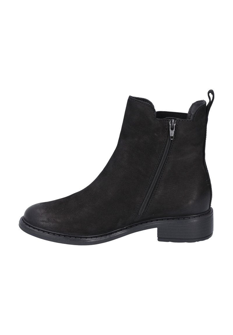 Schwarze Wildleder-Ankle Boots mit einem seitlichen Reißverschluss, runder Zehenpartie und niedrigem Absatz. Sie verfügen über eine glatte Oberfläche und minimalistische Nahtdetails.