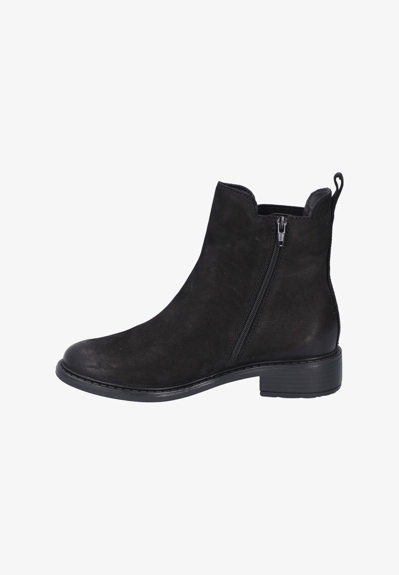 Schwarze Wildleder-Ankle Boots mit einem seitlichen Reißverschluss, runder Zehenpartie und niedrigem Absatz. Sie verfügen über eine glatte Oberfläche und minimalistische Nahtdetails.