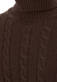 Pull col roulé en tricot torsadé marron avec des lignes texturées et un col côtes. Le matériau semble doux et chaud.