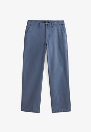 Blå lige bukser med bæltestropper, frontknap, lynlås-lukning og sidelommer, liggende fladt på hvid baggrund.