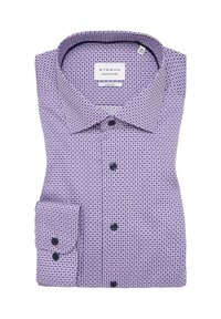 Paarse overhem shirt met een geometrisch patroon, slim fit, met een spread collar en marineblauwe knopen. Katoenen stof, slank ontwerp.