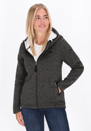 Felpa con zip di colore grigio scuro, con colletto foderato in bianco, tasche laterali e zip nere a contrasto. Tessuto morbido, design casual.