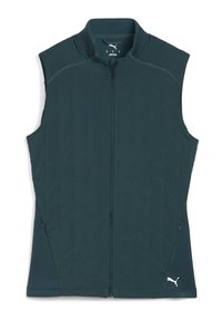 Gilet senza maniche in teal scuro con zip, colletto alto e due tasche laterali con zip, caratterizzato da un piccolo logo Puma bianco sull'orlo inferiore.
