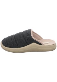 Gray fabric slippers with a soft, quilted upper, beige rubber outsole, and a minimalistic design. Slip-on style with rounded toe.