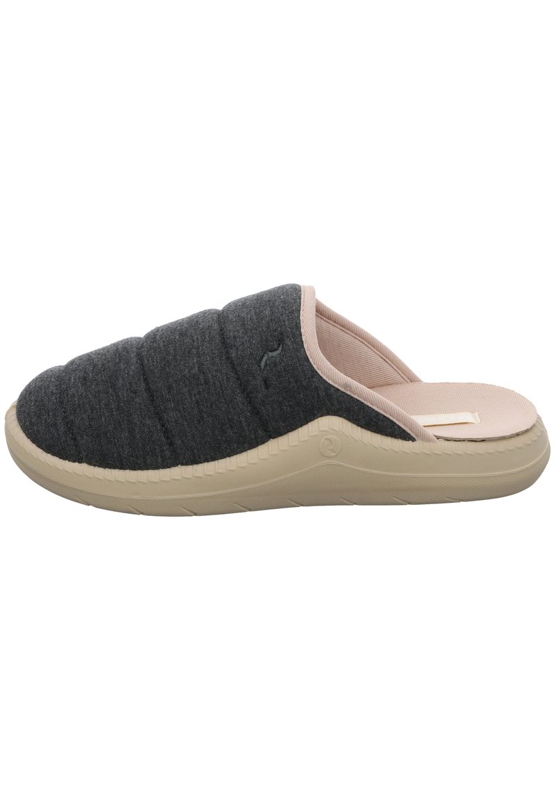 Gray fabric slippers with a soft, quilted upper, beige rubber outsole, and a minimalistic design. Slip-on style with rounded toe.