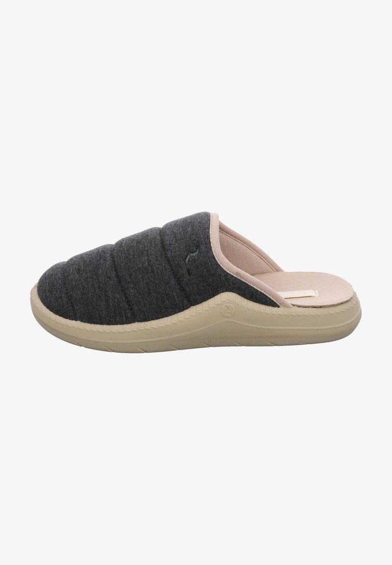 Gray fabric slippers with a soft, quilted upper, beige rubber outsole, and a minimalistic design. Slip-on style with rounded toe.