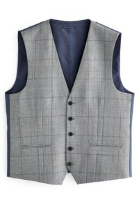 Gilet a quadri grigio con scollo a V, sei bottoni neri, due tasche frontali e foderatura interna testurizzata blu navy.