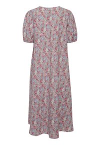 Vestido midi floral con mangas cortas abullonadas, que presenta un patrón de colores pastel con flores en tonos rosa, azul y blanco sobre una tela ligera.