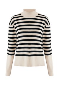 Pullover a righe beige e nere con colletto a coste alto, maniche lunghe e vestibilità morbida. Realizzato in un tessuto a maglia testurizzata.