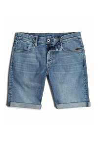 Shorts de mezclilla en azul claro, con un diseño clásico de cinco bolsillos, cierre de botón y dobladillos enrollados con costuras en contraste.