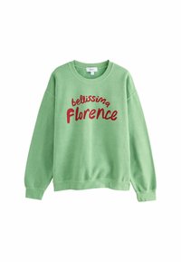 Grøn sweatshirt med lange ærmer, rund halsudskæring og "bellissima Florence" i rød tekst på forsiden. Blød tekstur, afslappet design.