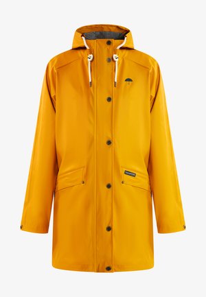 Giacca impermeabile gialla con cappuccio, dotata di bottoni a pressione, due tasche frontali e un piccolo logo nero sul petto.
