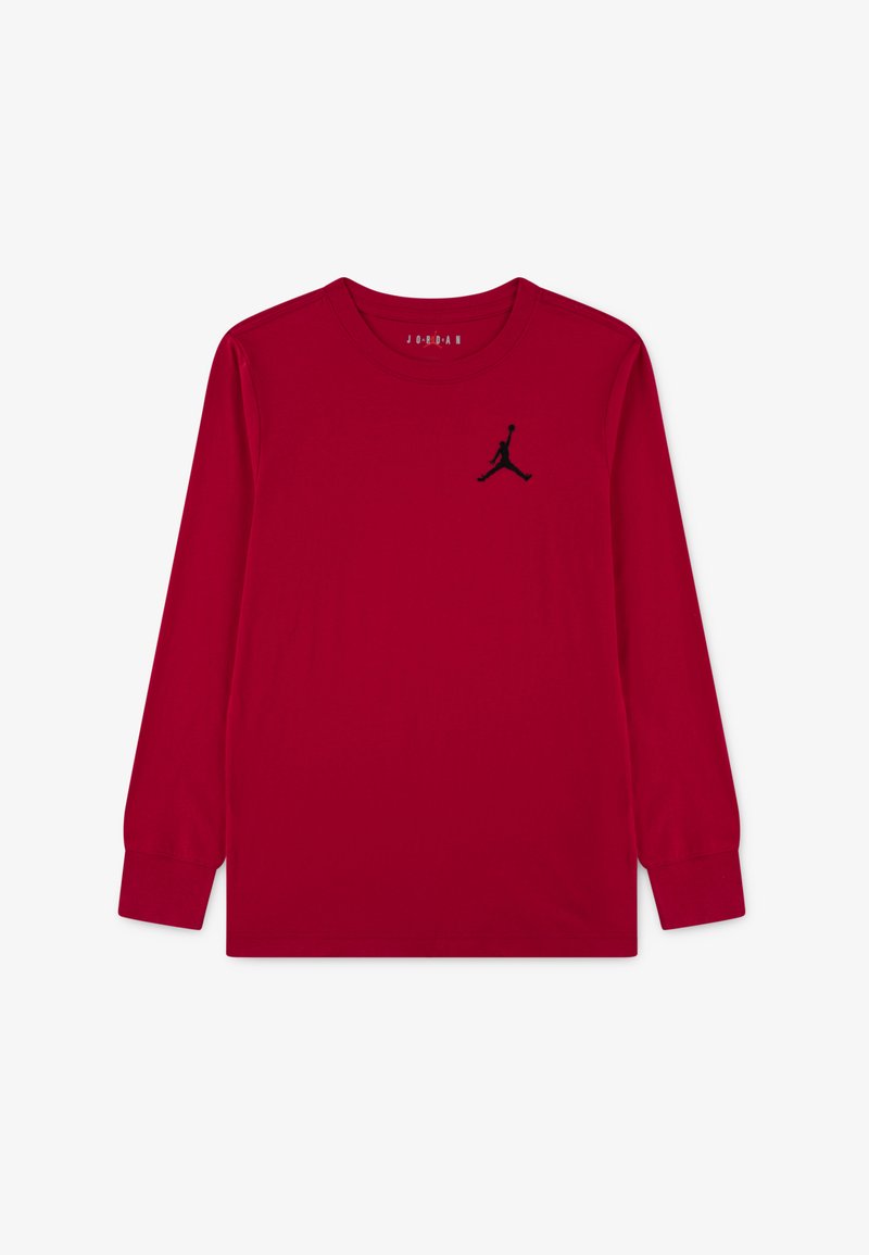 Maglietta rossa a manica lunga realizzata in cotone. Presenta un logo Jumpman nero ricamato sul petto. Design classico con scollo rotondo e polsini a costine.
