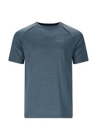 Blå atletisk t-shirt i strukturerad tyg, med korta ärmar och rundad halsringning; har en diskret logotyp på bröstet och reflekterande detaljer.