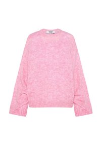 Pink knit sweater featuring a round neckline, dropped shoulders, and ribbed cuffs. Soft texture with a slightly loose fit. Tag visible.