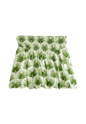 Groene rok met bladerenprint en smock-taillenaad, met een lichtgroene achtergrond en gathered stof voor extra volume.